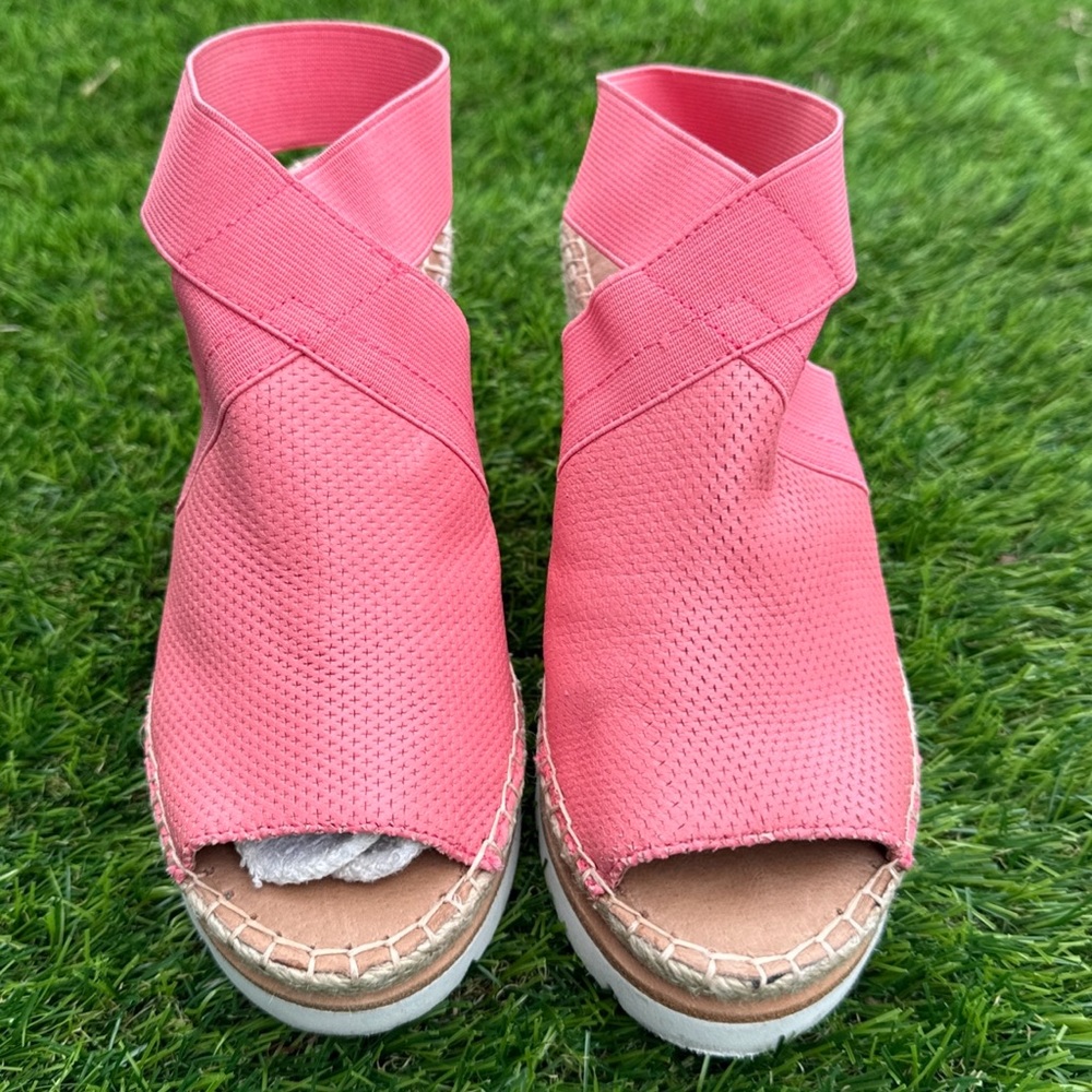 gentle souls Coral Pink Crisscross Espadrille Wedge Sandals